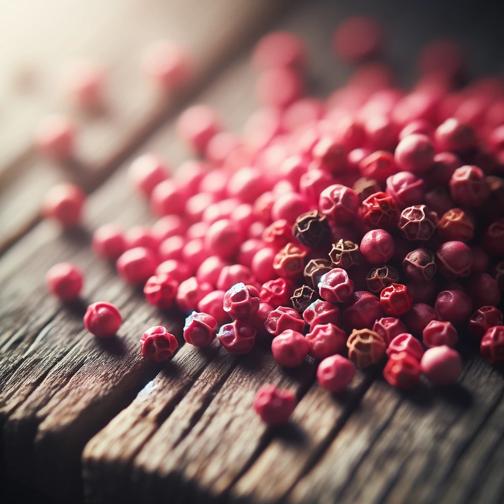image of pink peppercorns, scattered loosely on a rustic wooden table surface. The peppercorns should have a vibrant pink color