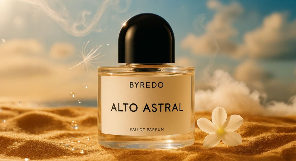 Byredo Alto Astral Eau de Parfum – radiant aldehyde and coconut water opening, incense, jasmine petals, milky musks, sandalwood, cashmere woods, and salted amber base