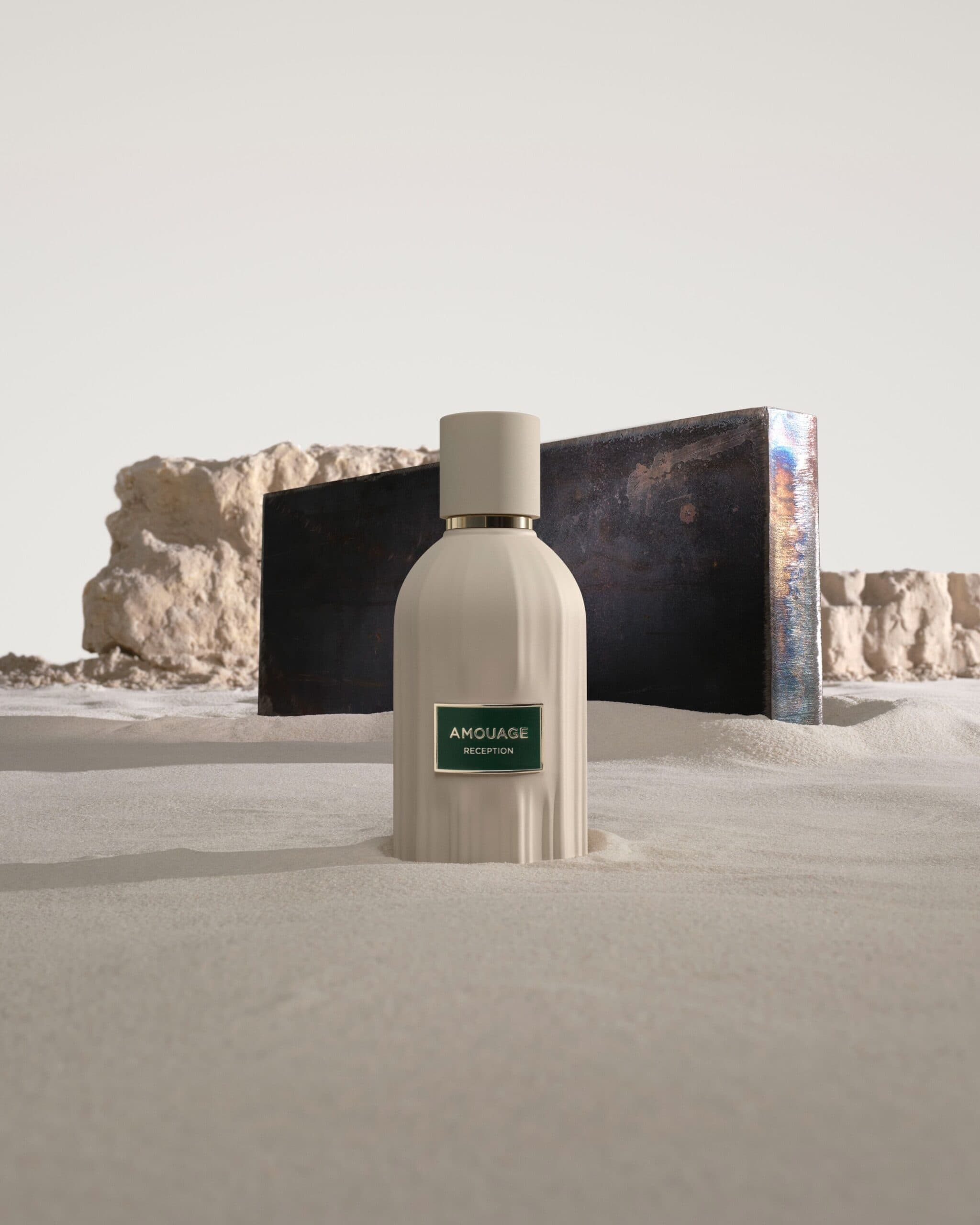 Amouage Reception fragrance inspired by coffee, lemon, pine, pink pepper, frankincense, patchouli, cedarwood, vanilla, cypriol, and musk, evoking the warmth and depth of connection