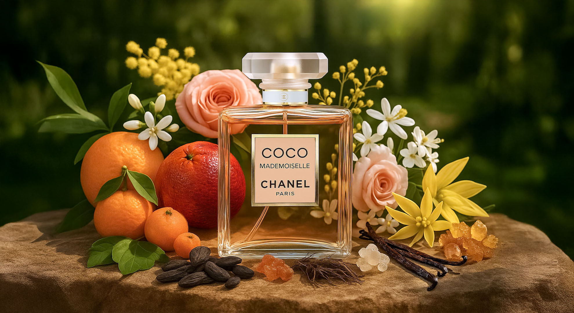 Chanel Coco Mademoiselle Eau de Parfum fragrance composed of citrus, rose, jasmine, patchouli, and vanilla, capturing the signature essence of Chanel