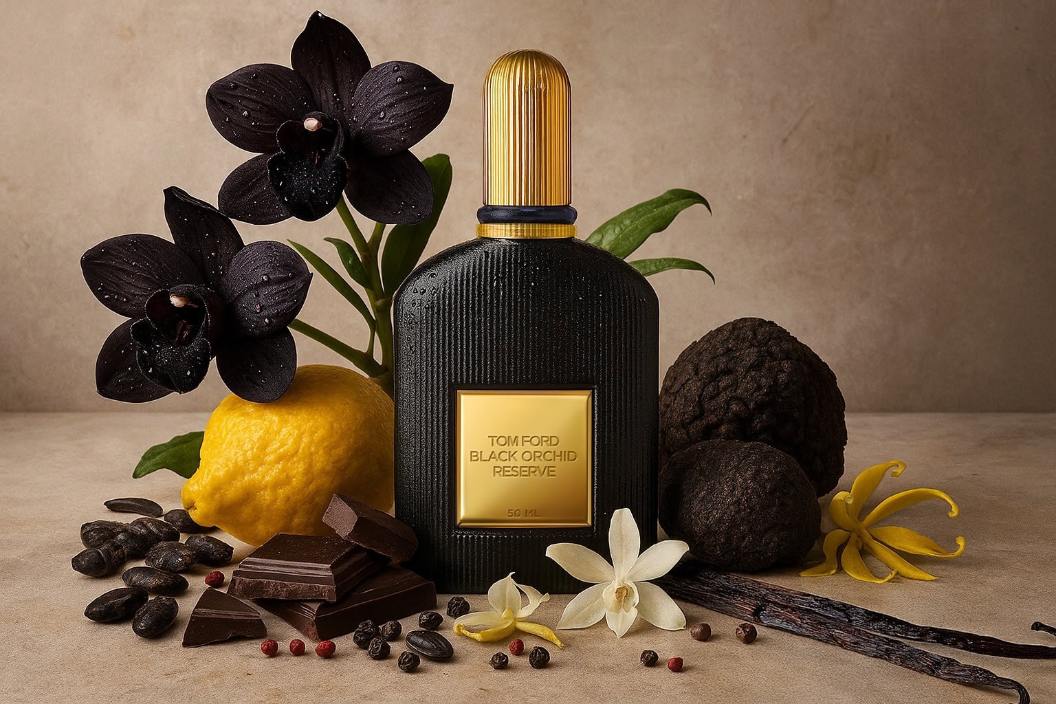 Tom Ford Black Orchid Reserve Parfum is a dense chypre floral fragrance that blends black orchid, ghost orchid, ylang-ylang, black truffle, timut pepper, roasted black tonka, patchouli, dark chocolate, vanilla, and amber, capturing the mysterious allure of rare blossoms and earthy notes.