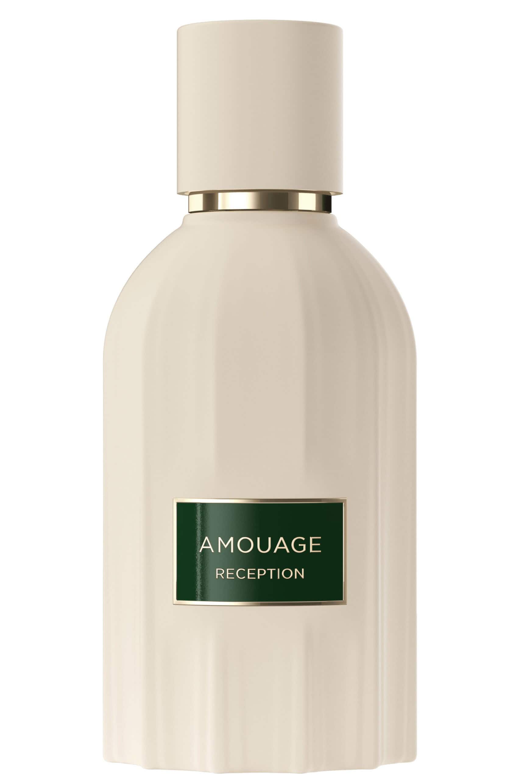 Amouage Reception fragrance inspired by coffee, lemon, pine, pink pepper, frankincense, patchouli, cedarwood, vanilla, cypriol, and musk, evoking the warmth and depth of connection
