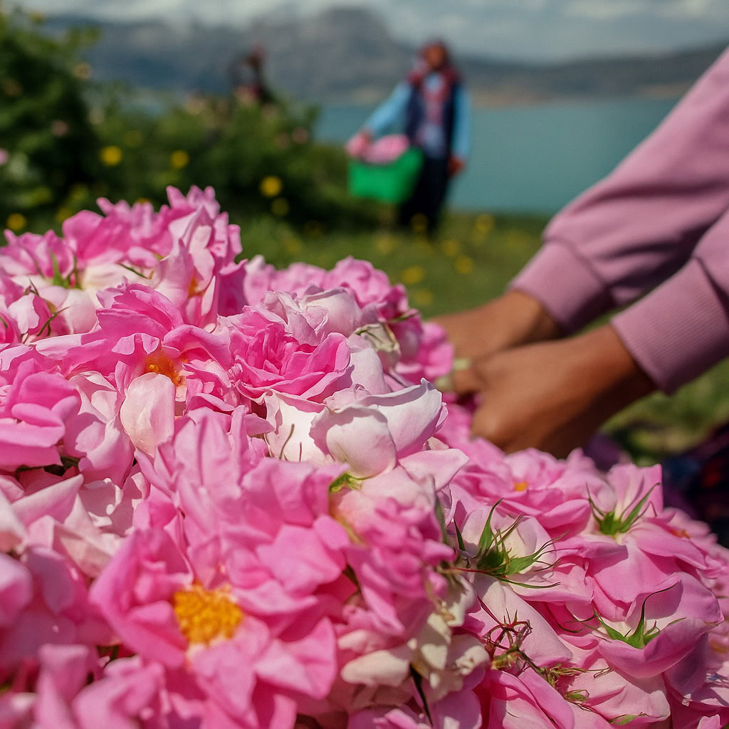 Turkish rose harvest in Isparta – Rosa damascena petals collected at dawn Turkish rose harvest in Isparta fields at sunrise