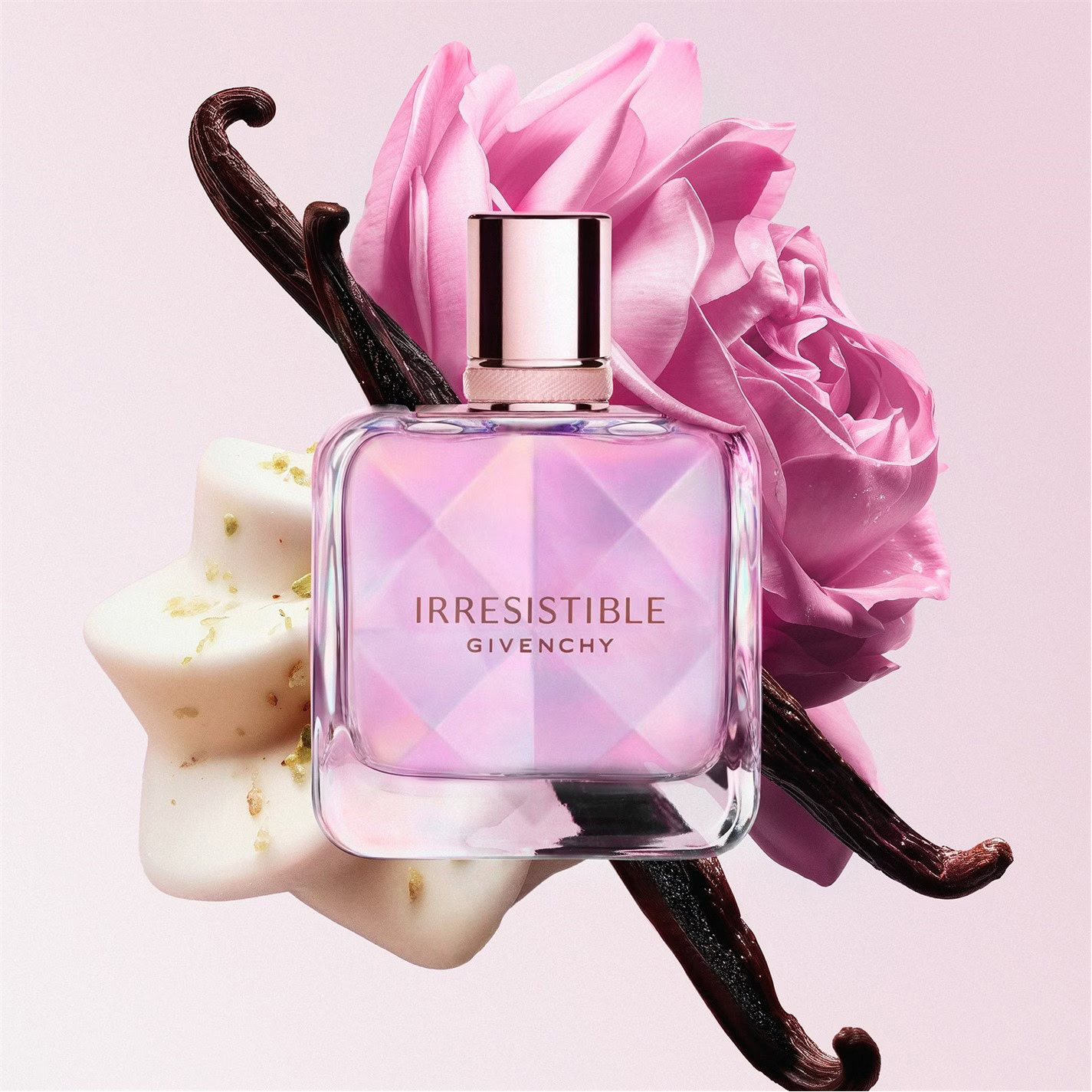 givenchy irresistible nectar eau de parfum, launched in 2025, is a floral gourmand scent shaped by rose, pistachio cream, and vanilla wood